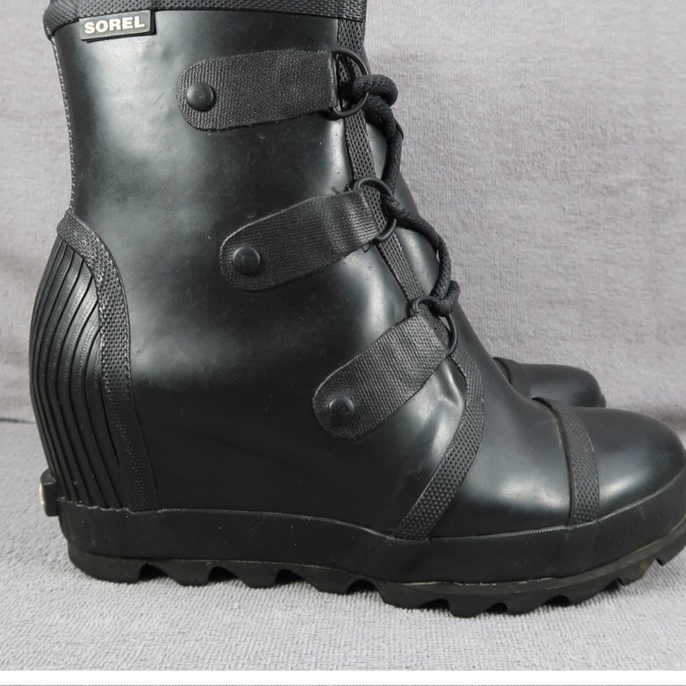 Sorel Rubber Joan Of Arctic Womens 9.5 Black Wedge Lace Up Rain Ankle Boot